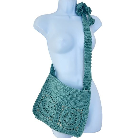 Handmade Crochet Crossbody Shoulder Bag Aqua Blue Boho Festival - Picture 2 of 7